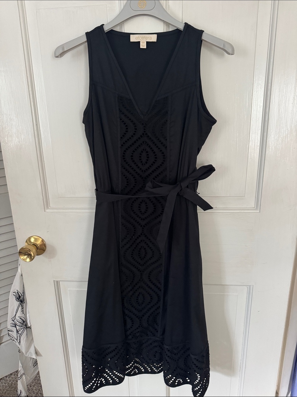 Etcetera Black Sleeveless V-Neck Tie-Waist Dress with Eyelet Panels
